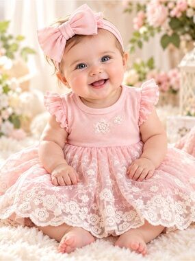 Little Me Baby Girl Pink Floral Embroidered Tulle Dress & Headband 3M